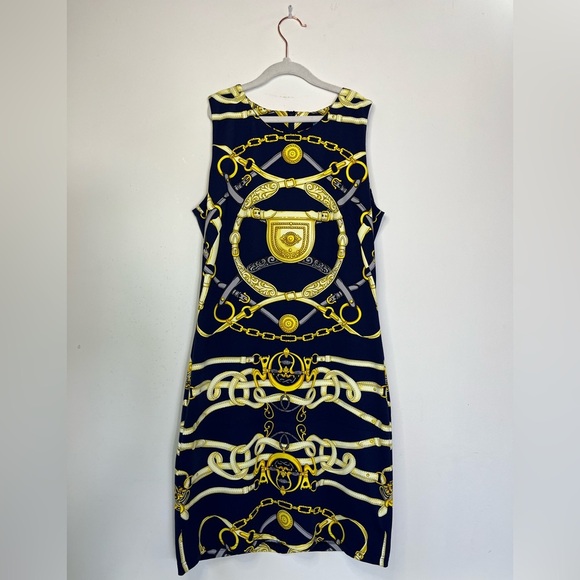 J.McLaughlin Chain Print Dress XS Navy Gold Nautical Equestrian Brunch Preppy - Picture 7 of 10